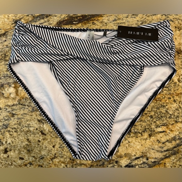 Tempt Me Women's Twist Bikini Bottom High Cut Swimsuit Black White Size Medium - Picture 1 of 7